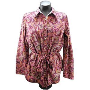 Izod Paisley Belted Shirt Women's L Purple Pink Long Sleeve Button-Front